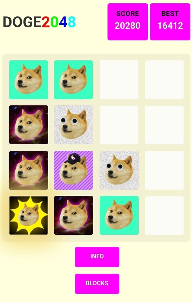 i dont want to provide an alt text honestly. but look the game is called DOGE 2048. its a 4 by 4 grid of different "doge" memes. the bottom left doge is bright because it has a sun behind it. this indicates the 11th merge has been won.
