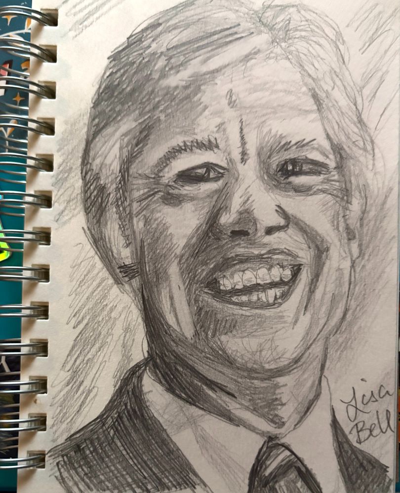 Pencil drawing of a smiling Jimmy Carter, former U.S. president who died recently. 