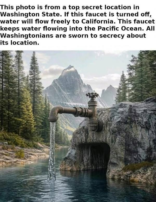 Picture of a forest lake with a mountain in the background, and a rock outcropping over the lake shows a large faucet.  The text reads:  "This photo is from a top secret location in Washington State.  If this faucet is turned off, water will flow freely to California.  This faucet keeps water flowing into the Pacific Ocean.  All Washingtonians are sworn to secrecy about its location."