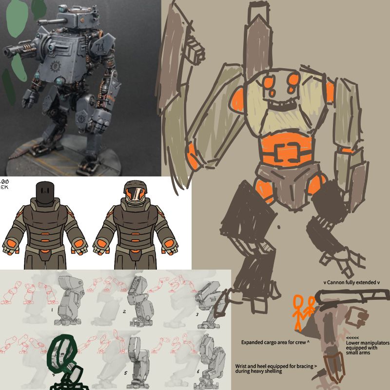 sketched out idea for a Heavy Artillery Mech, equipped with wrist mounted trench shovels, retractable back-mounted cannon, and rear cargo space dual functional as troop platform