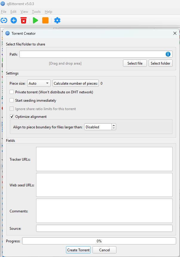 Capture d'écran de l'outil de création de Torrent du logiciel qBitTorrent où l'on voit un formulaire avec plusieurs champs dont "Path" et le bouton "Create Torrent"