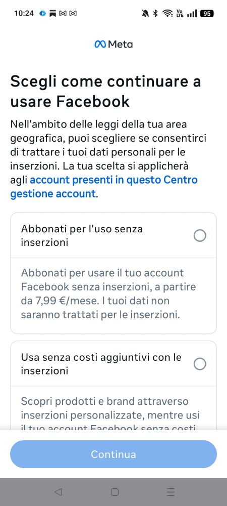 Schermata da Facebook in cui si chiede di decidere fra abbonamento o consenso dati