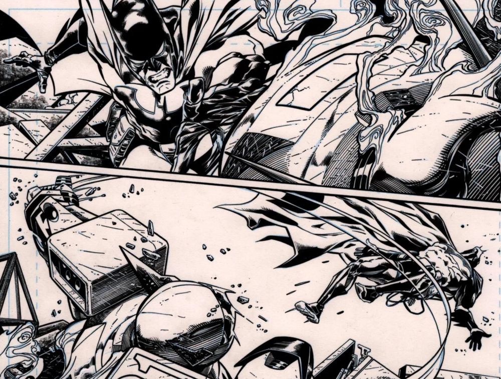 Pen and ink panel drawings of Batman rushing to help Two-Face, in a mech, Batman suit, and Two-Face backhands Batman away from him.
