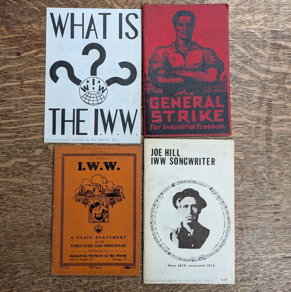 A photo of four IWW pamphlets from the library's collection. 