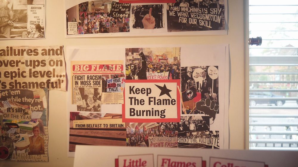A collage displayed as part of collages made by the Little Flames group in response to the archive. In the centre is a panel that says ‘keep the flame burning’.