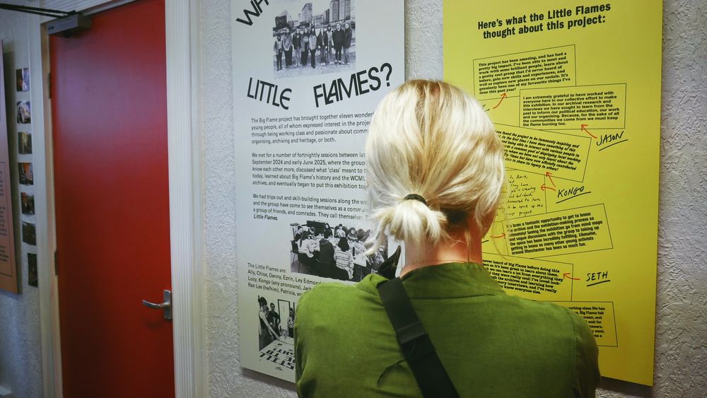 The back of somebody’s head reading the exhibition panels on the Little Flames group.
