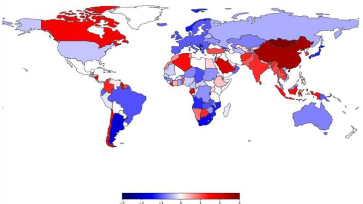 The geospatial distribution of sentiments and SDGs. Z-score of sentiment indicates the overall tone of countries in describing their actions with respect to climate adaptation and mitigation.