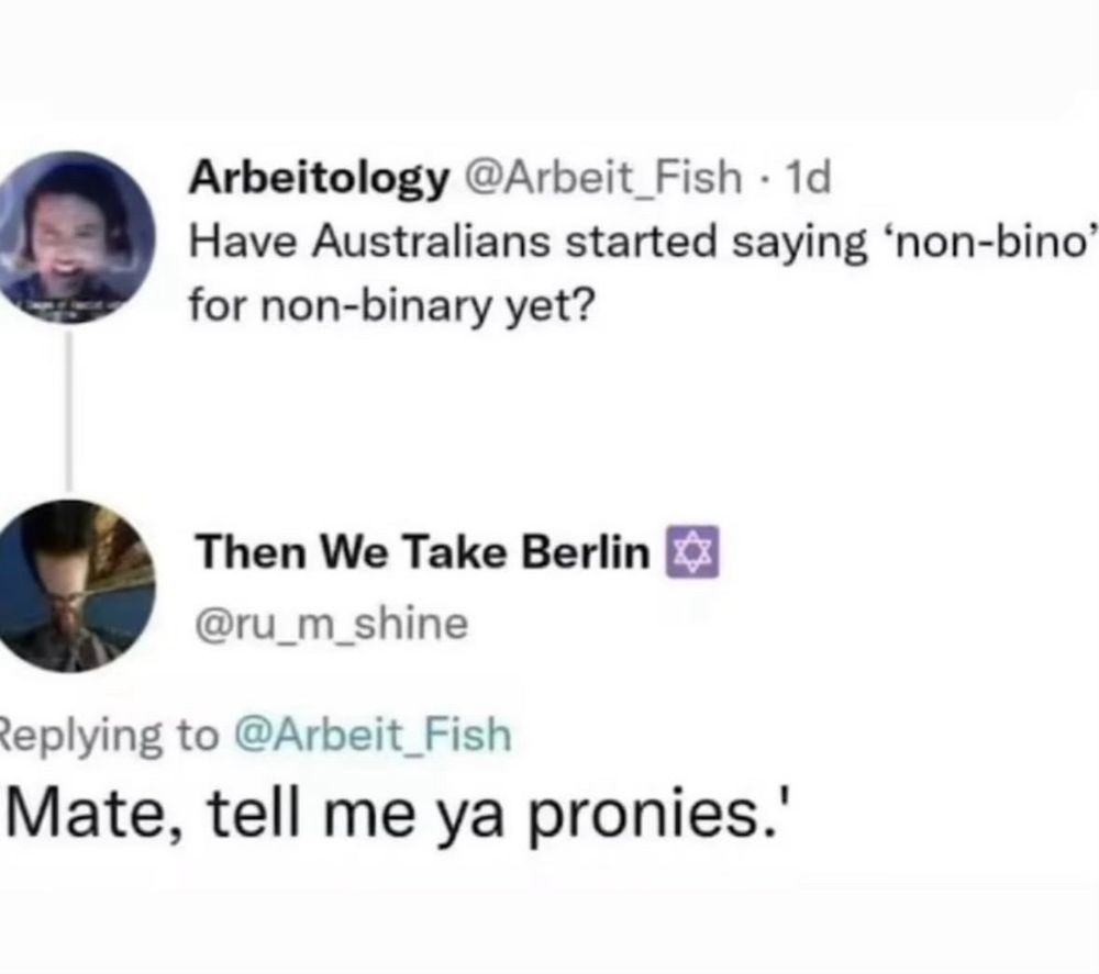 Screen shot of a Tumblr post saying “Have Australians started saying ‘non-bino’ for non binary yet?” And the reply “Mate, tell me ya pronies”