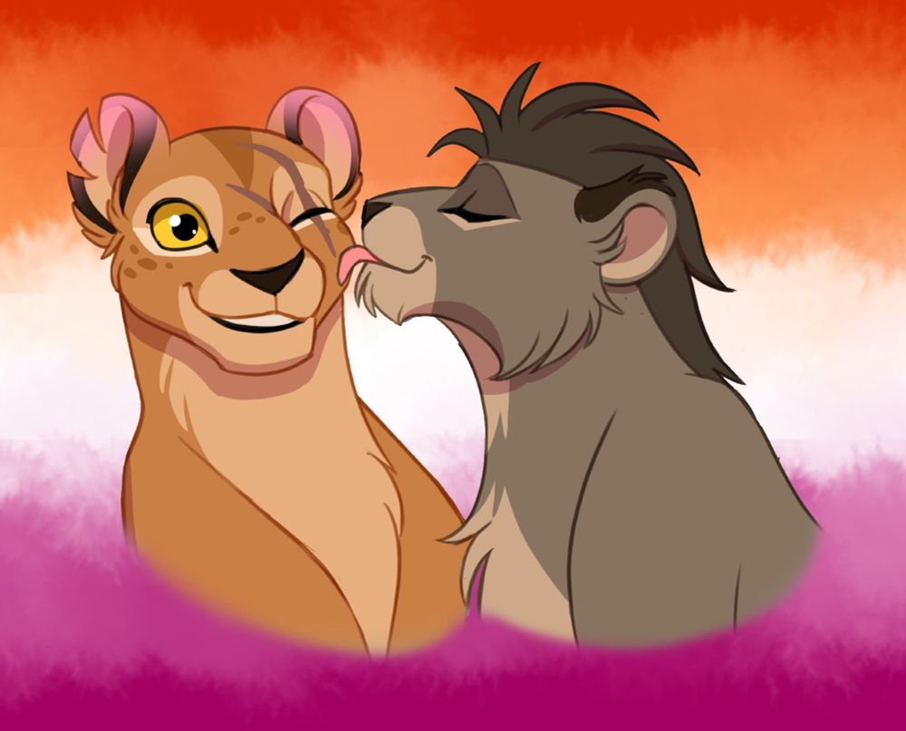 Hopeful getting her cheek licked by Storm with the lesbian flag behind them.