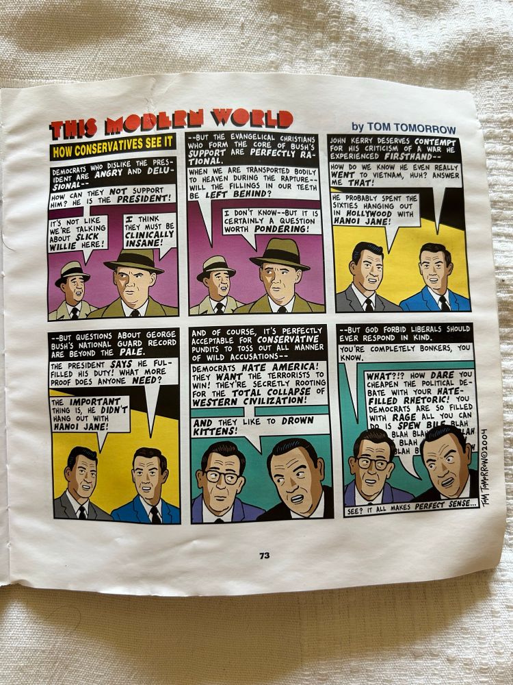 Brilliant old cartoon from Tom Tomorrow that suffered water damage in a flood like 15 years ago 