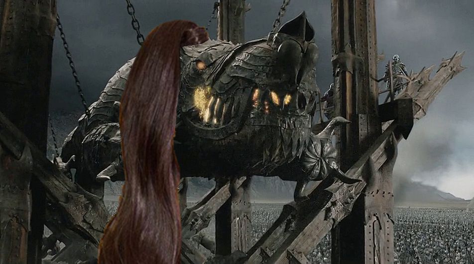 An image of Grond, the battering ram from Lord of the Rings - Return of the King, with a high ponytail