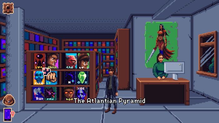 El protagonista está en una tienda de cómics, regentada por una mujer que mira la pantalla del ordenador. Tras ella, cuelga un gran póster de una mujer que sujeta una espada. En las estanterías hay portadas de gran tamaño.