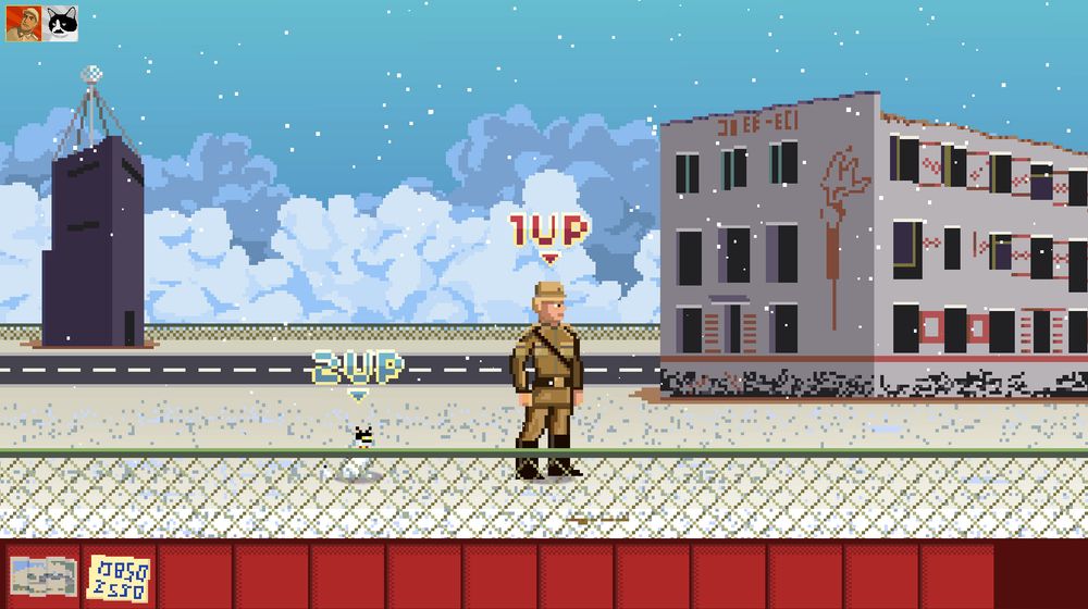 Base militar bajo la nieve. Podemos elegir entre el jugador 1, el manager Yuri Spraytyvich, y el jugador 2, el gato Stalin.