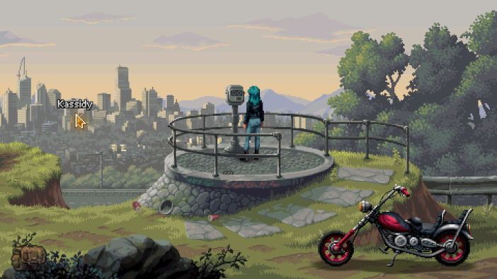 Kathy está en lo alto de un mirador, donde hay un dispositivo para observar la ciudad. A los pies está aparcada su moto.
