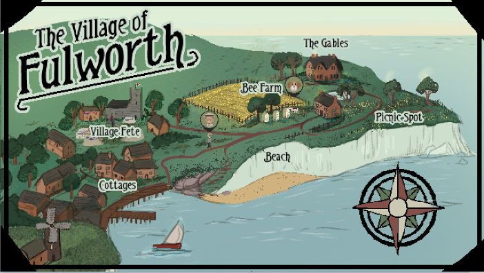 Mapa del pueblo de Fulworth. Es una vista lateral, se ven diferentes casas y localizaciones. Algunas con nombre, como la granja de abejas, las cabañas, la playa o el lugar de pícnic. Es una localidad costera. Tiene un pequeño muelle y vemos un barco de vela surcando las aguas. Hay una rosa de los vientos en la parte inferior derecha.