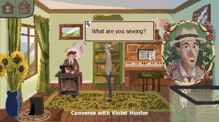Sherlock está en el salón de una casa. Hay una librería, un florero con girasoles, un acuario, un piano y una mujer que está cosiendo. Sherlock le pregunta qué cose.
