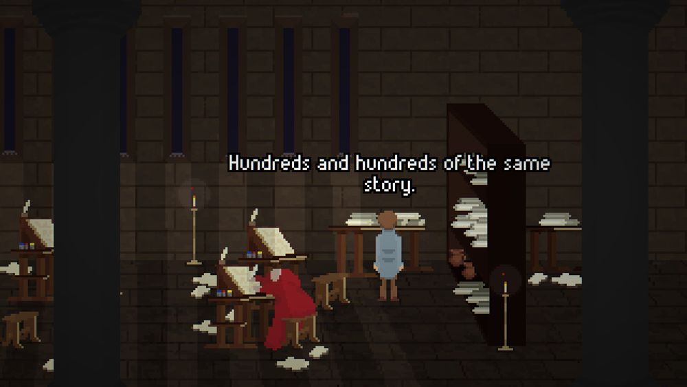 El protagonista está en un scriptorium. Un abad, con hábito rojo, está escribiendo mientras él está ojea documentos. 