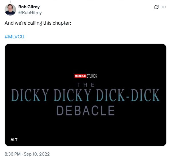 One final Marvel style logo, showcasing the overarching name of this run of Michael La Vache series. 

The Tweet reads: And we're calling this chapter: The Dicky Dicky Dick-Dick Debacle'