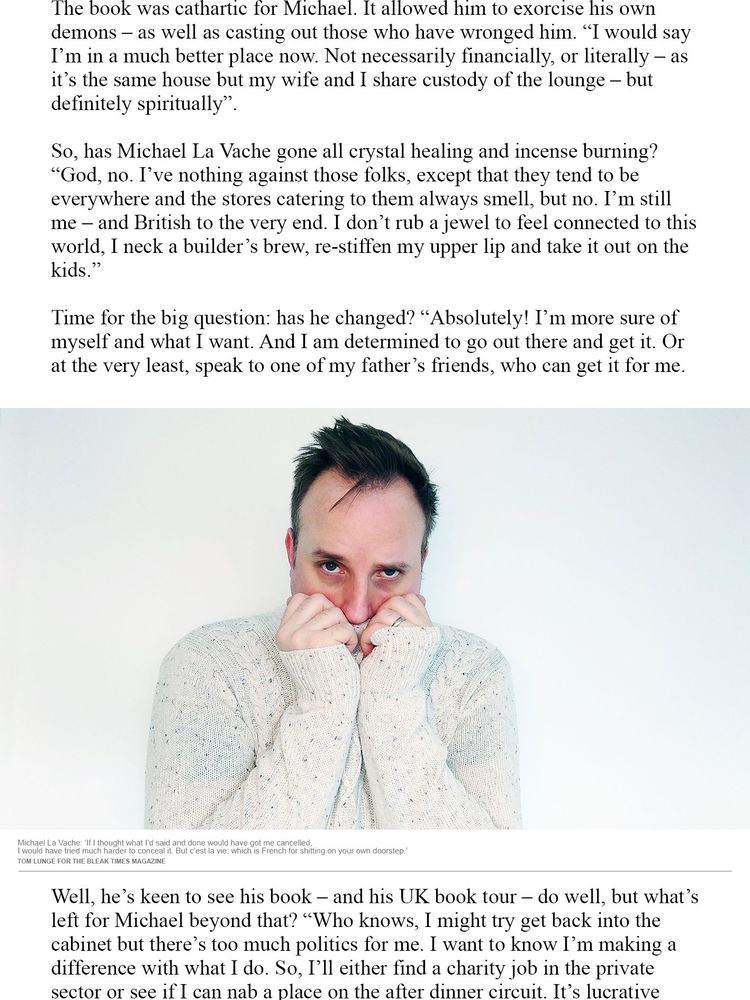 Another extract of text in which Michael vows to start putting himself and his needs first. Because of course he does.

Complete with an image of him in a chunky knit sweater pulled up over his hands and mouth. If they're going for adorable, it just comes off as rigor mortis chic.