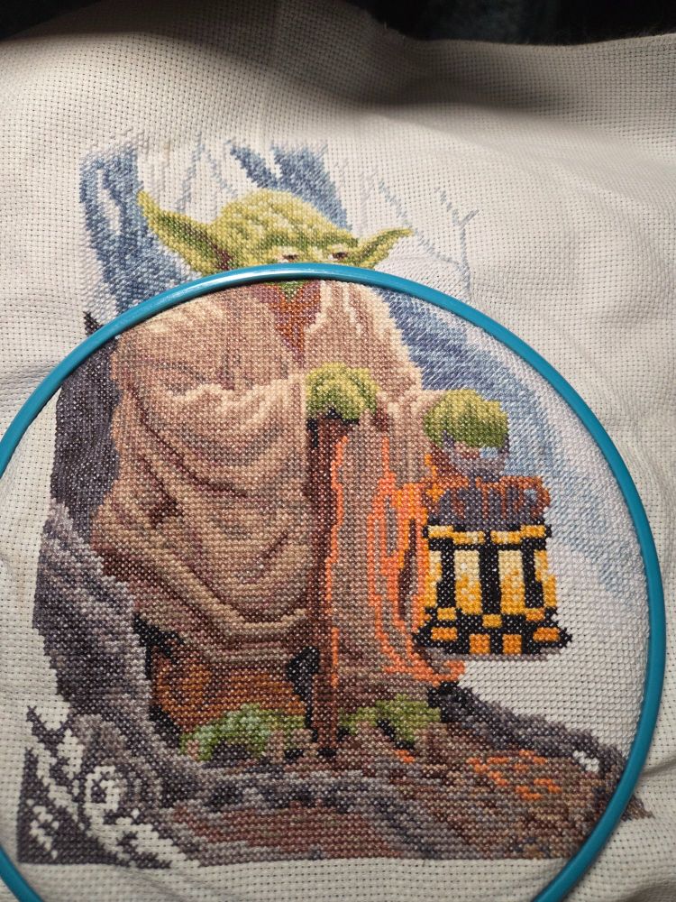cross stitch in progress of Master Yoda