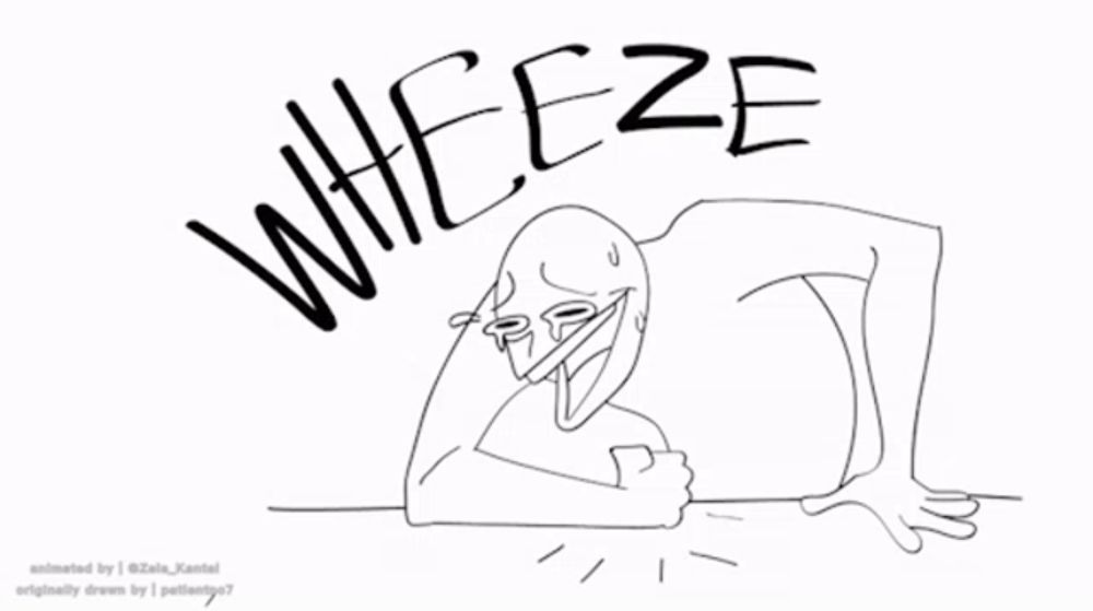 a black and white drawing of a person with the words " wheeze " written on it