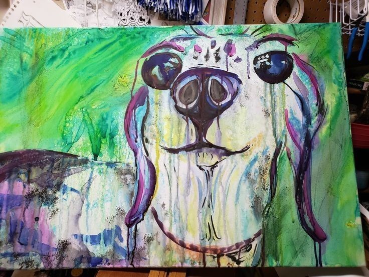 A large watercolor of a dachshund with big eyes and a smile. 
