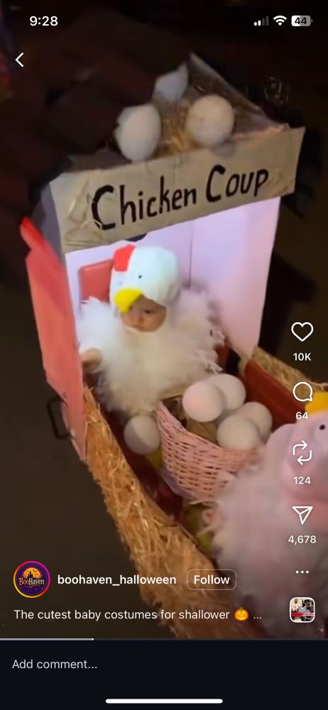 A wagon with small children dressed in chicken costumes for Halloween and the wagon is made up to look like a chicken coop and someone has written “chicken coup” across the top