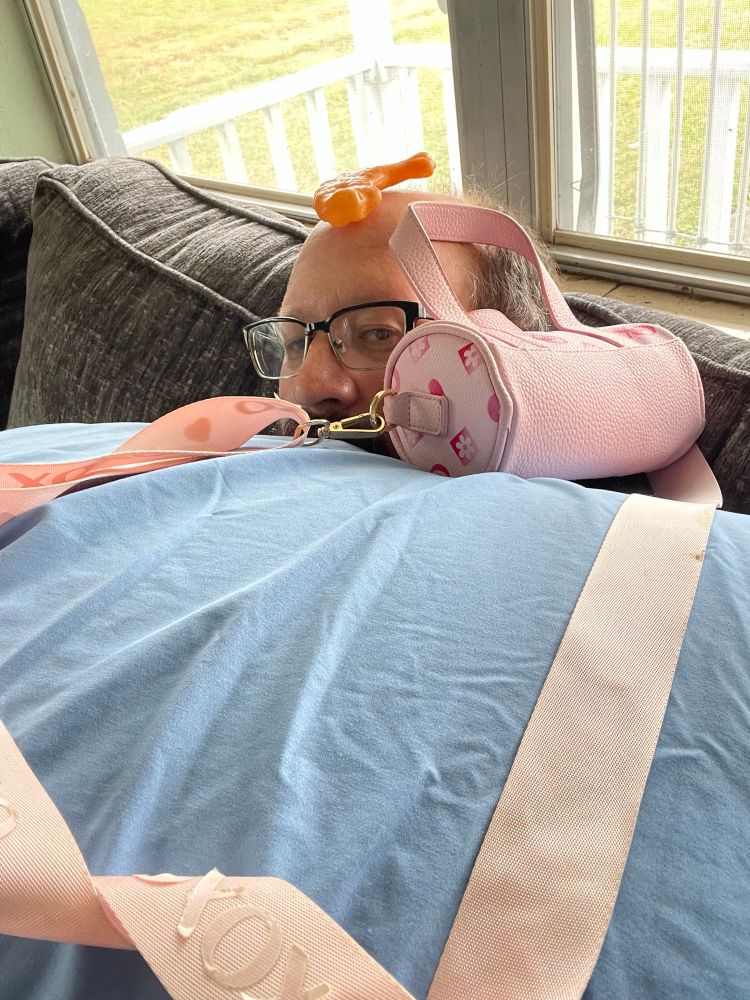 Picture of man with pillows purse and plastic chicken 