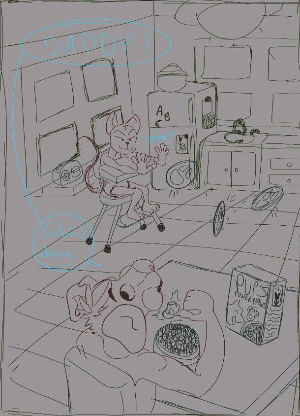 Concept Doodle of a just-for-fun Personal Piece :3 In the kitchen, Calvin and Bowwow are having morning breakfast. Calvin brattily shoves his plate off of his highchair when he's done. Bowwow calls to his Daddy, off screen, "DADDY! Calvin's done." While he chews a mouthful of "Pop's Power Paws," cereal (that glows!) Work in Progress.