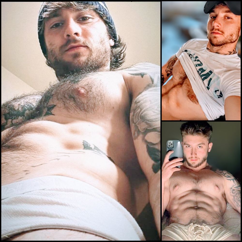 Just a sexy man with a dark beard and chest hair, a muscular build, and a handsome face!