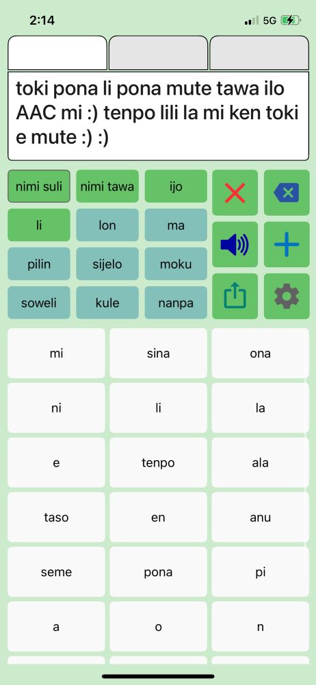 sitelen e ilo AAC mi. lon ni la mi toki e ni: toki pona li pona mute tawa ilo AAC mi :) tenpo lili la mi ken toki e mute :) :) 
