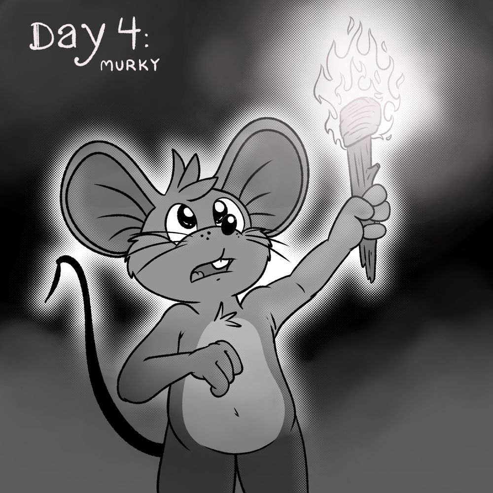 A mouse carrying a bright torch in a dark fog.