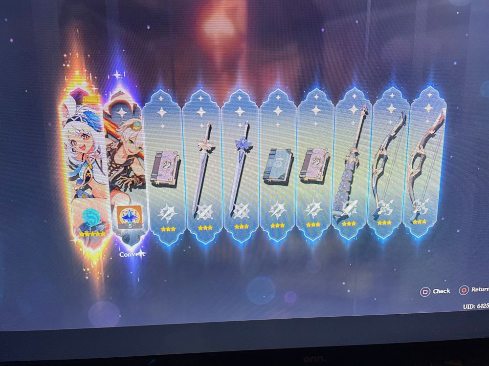 picture of a ten pull on genshin with mualani and Bennett with basic weapons 