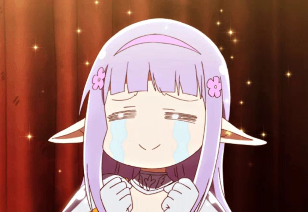 a cartoon girl with purple hair and a flower in her hair crying