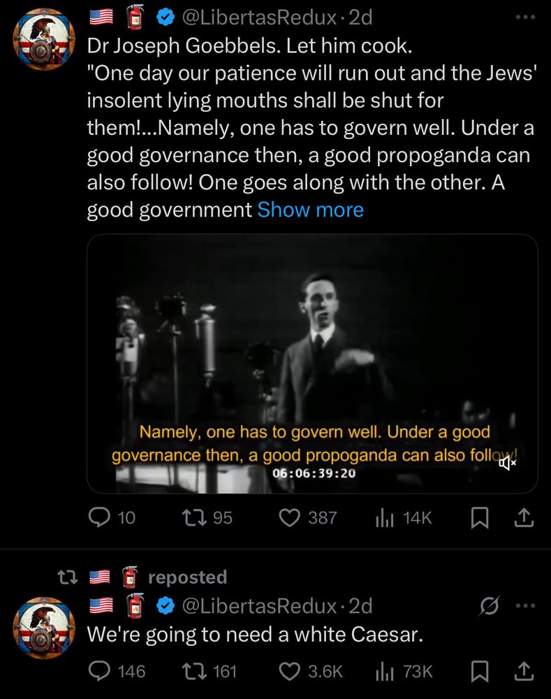 A former QAnon follower stanning for Joseph Goebbels and another tweet that says We’re going to need a white Caesar.