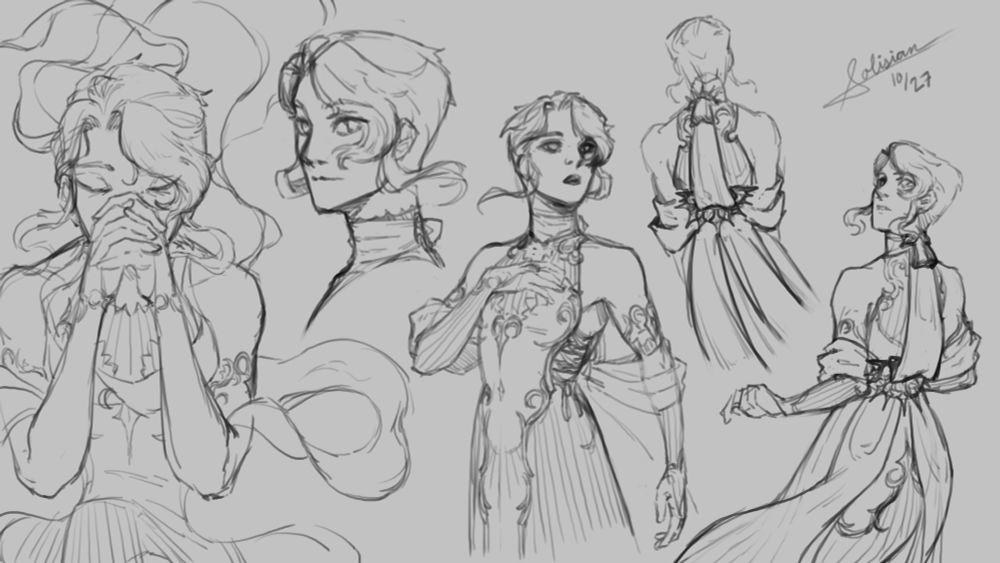 Aria, the Exemplar. A key figure of worship in a theocratic empire called the Dominion, Aria is trapped between his own morals and the expectations of the religious elite. 

Contains several poses exploring Aria's design, which features a white dress inspired by the Art Nouveau movement and imagery of light shining through trees. The poses highlight the flow of his hair and the fabric of his regalia, which wrap around his neck and arms almost like chains.