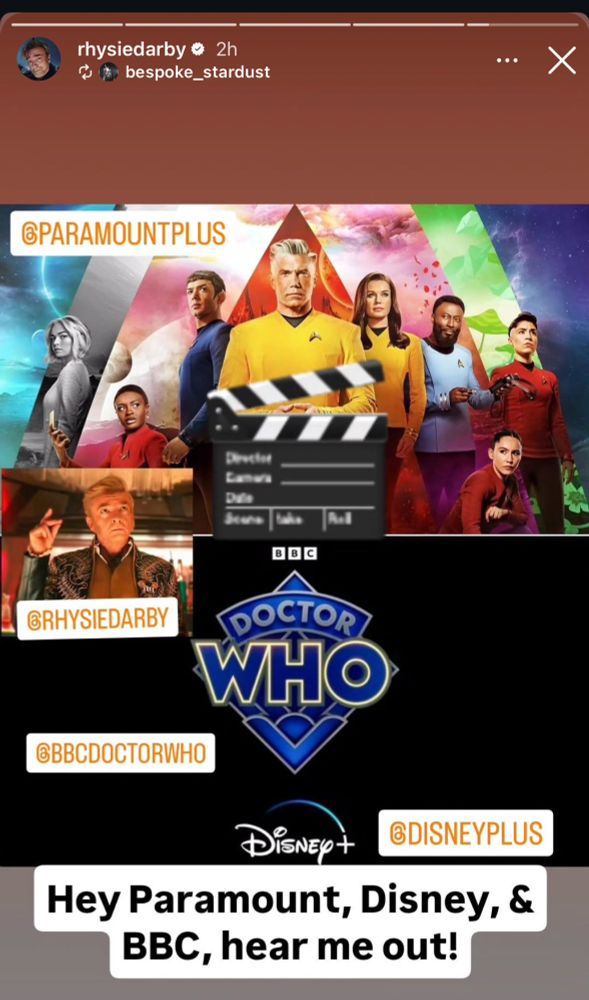 A photo of the Star Trek cast with Rhys and the Dr Who logo suggesting a crossover