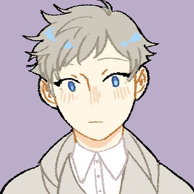 headshot art commission of my original character by @gloomyhome; a young man with short silver hair, pale skin, and blue eyes, against a lavender purple bg.