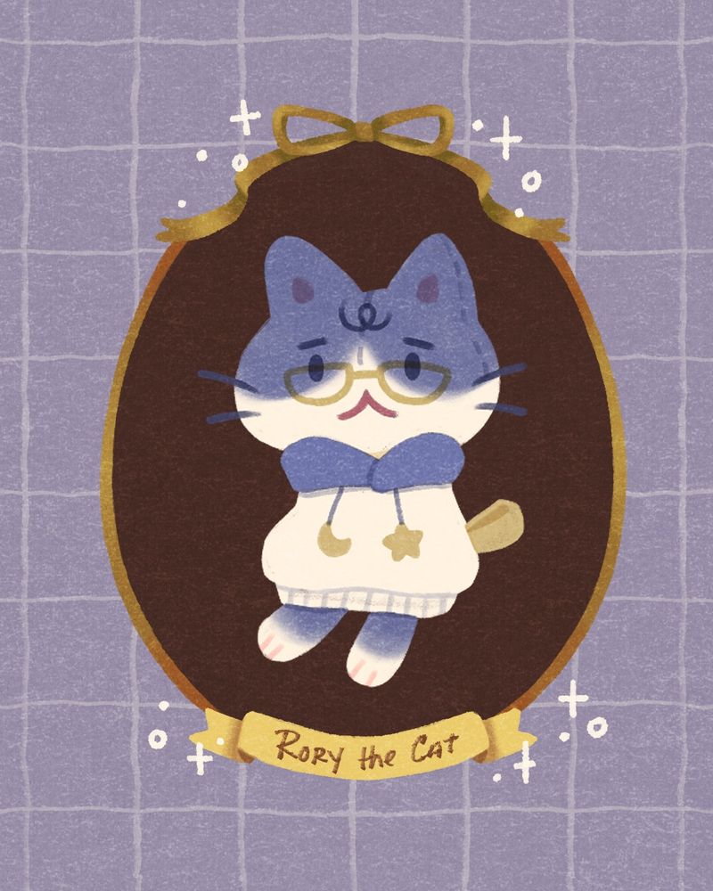 illustration of a cat plushie dressed in a hoodie and glasses. he is surrounded by a decorative frame with a gold ribbon on top, and a yellow banner at the bottom that reads "Rory the Cat"