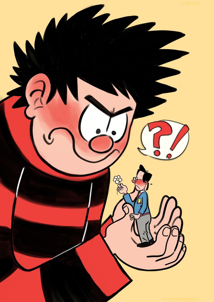 Dennis Menace Jr holding a pocket-sized Walter Margaret Brown, who seems to be gifting him a flower. Dennis is immensely confused.