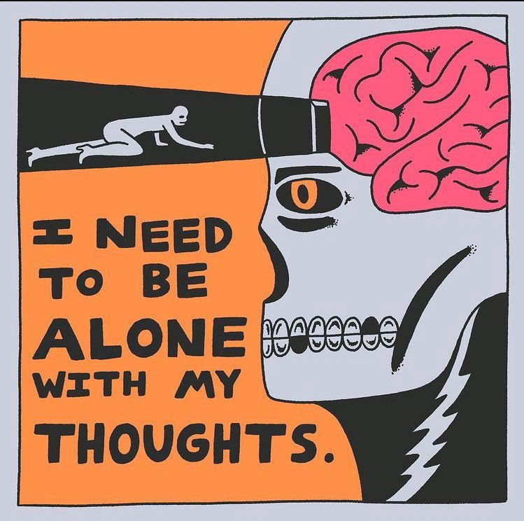 a cartoon person is crawling into the brain of a skeleton is saying “i need to be alone with my thoughts”