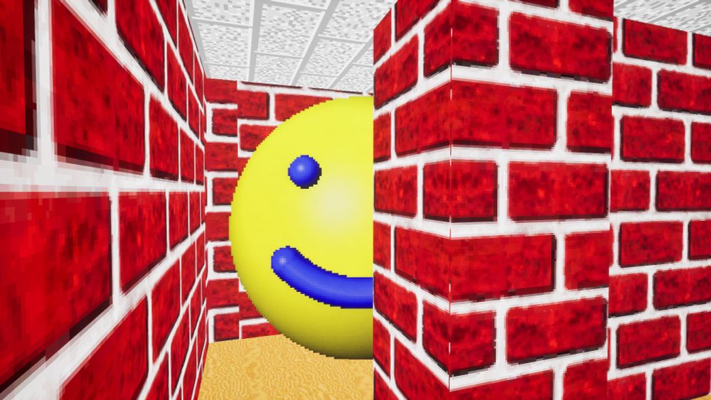 Exploring the Windows 3D maze screensaver you find a smiley face lurking from behind the corner. The face is very big. It looks menacing.