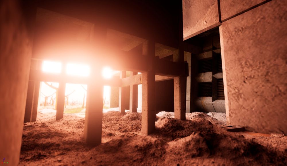 sunlight is shining through a series of concrete columns. in the distance you can barely make out dead trees.