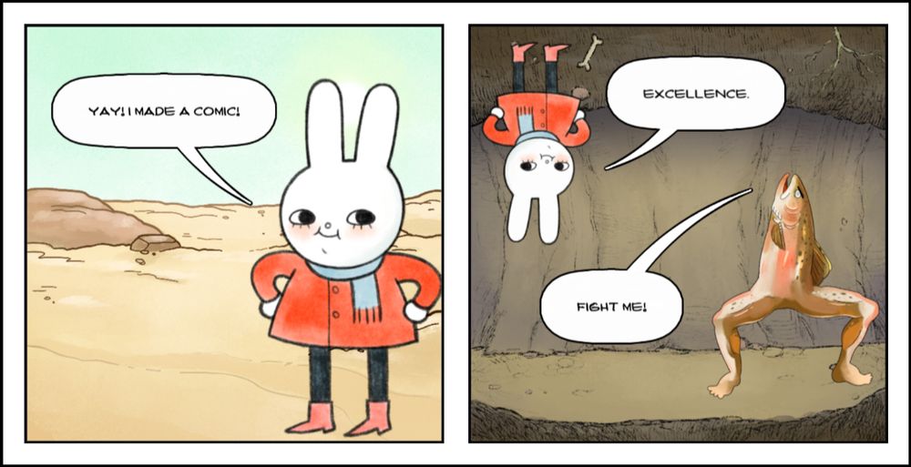 A comic I made featuring a rabbit saying "Yay! I made a comic!" and then it's in a layer ready to fight a fish with legs.