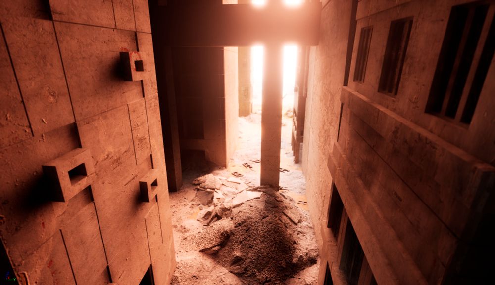 a somewhat aerial view looking down at the streets of a brutalist city. the ground is covered in debris.