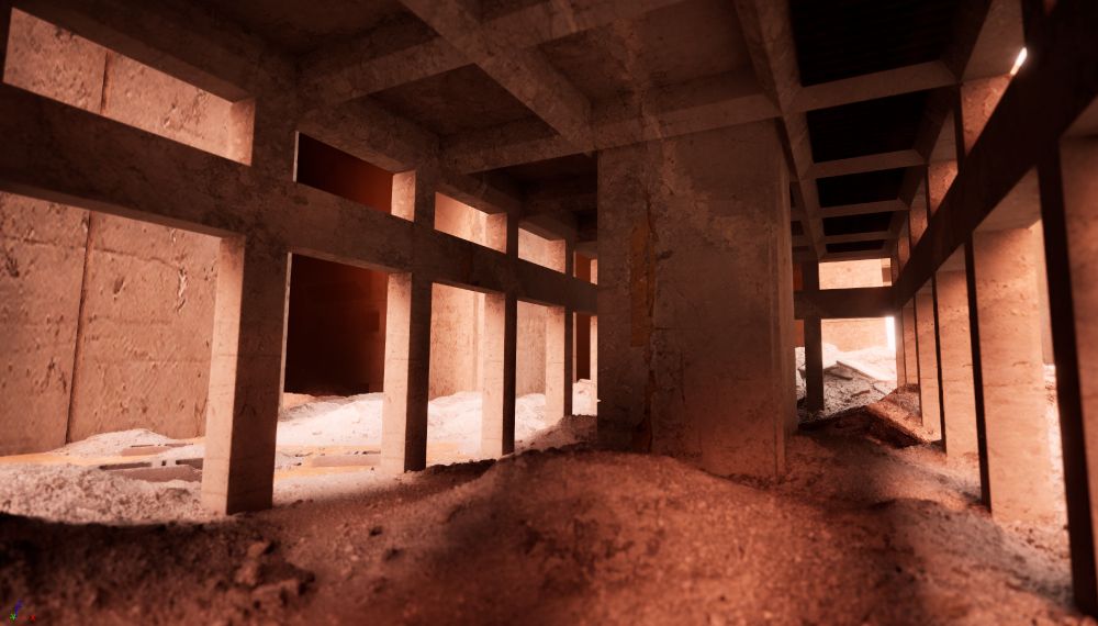 surrounded by concrete columns, this is a screenshot of the underbelly of the brutalist city