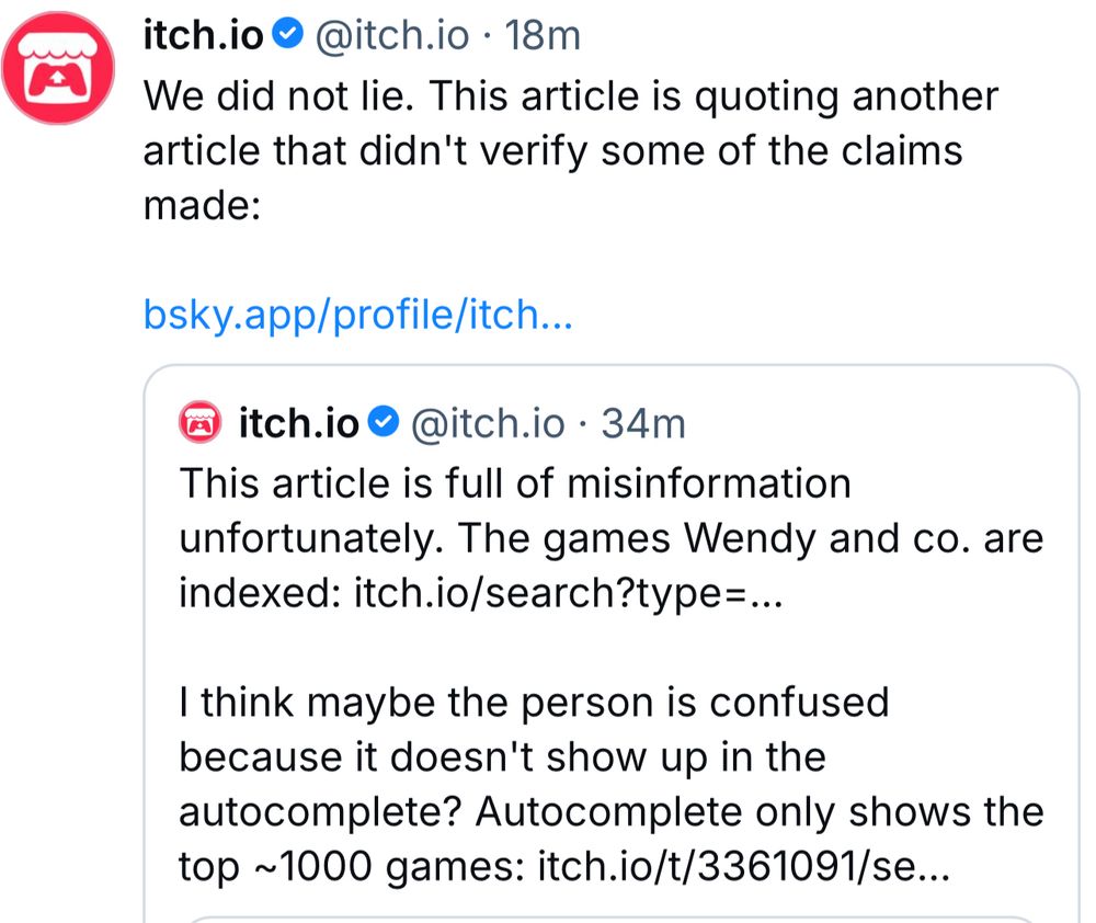 a post from itch pointing out that an article is full of misinformation and trying to clarify.