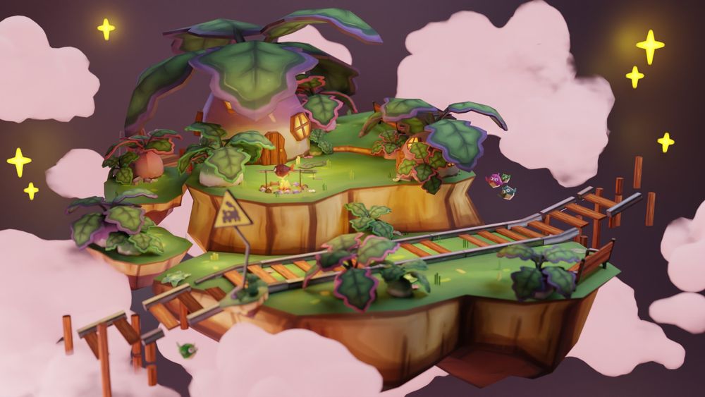 Stylised low-poly model of a floating island in the clouds with large turnips growing. There is a small train stop (like a bus stop but for trains) present with the tracks leading to and from the sky. There are balloon fish flying around the island as well with one being roasted on the fire in the centre of the island.