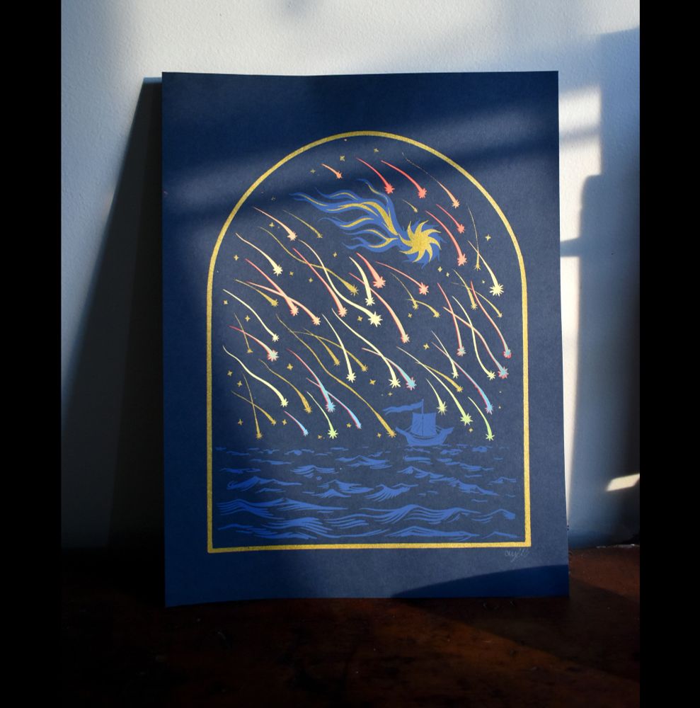 Four images of a screenprint depicting a ship on the water at night under a sky filled with rainbow falling stars. 
