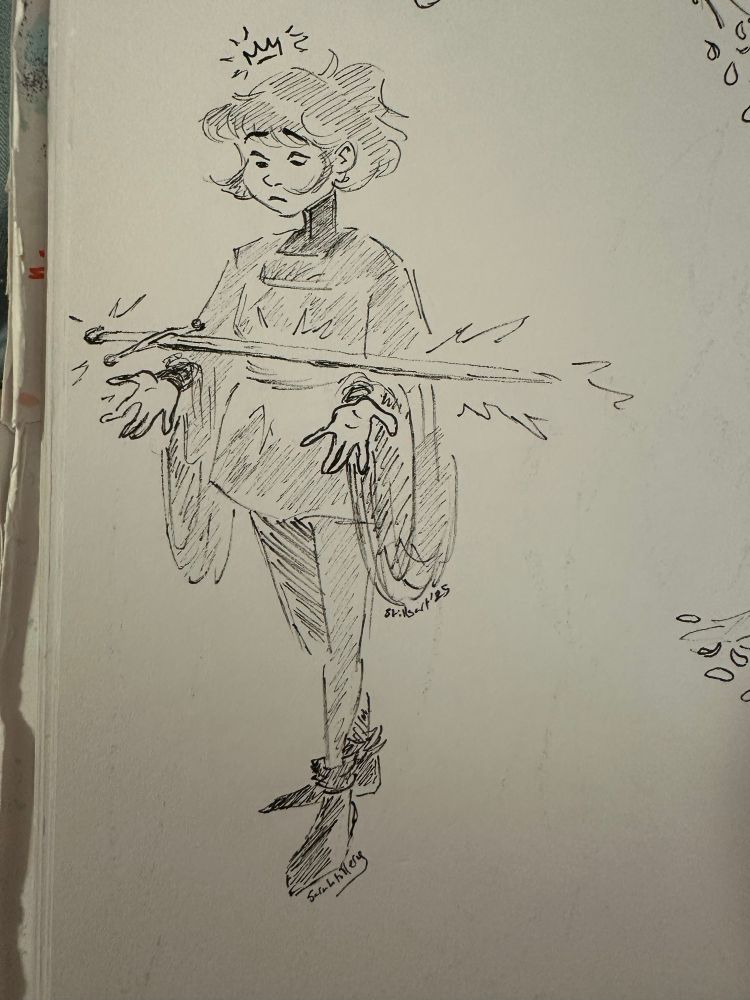 ink sketch of a young Wart, having just pulled the sword from the stone. the sword glows and a little crown emoji appears above his head.